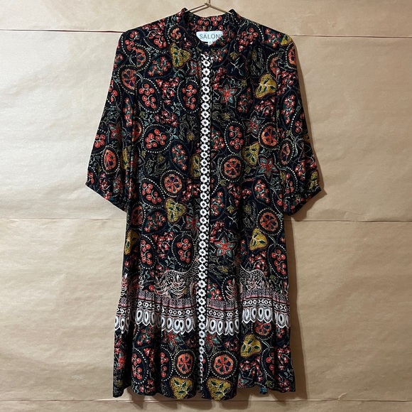 SALONI | Tyra Dress Silk Mini Shirt Dress Batik Border Paisley Print Size 2 - Picture 1 of 13